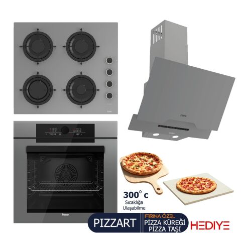 Ferre PIZZART-FRYART-SILENTART Serisi Gri Set (CS208-FA + QEP65CPR +D065-SA ) - Emaye Izgara / Kademeli Musluk
