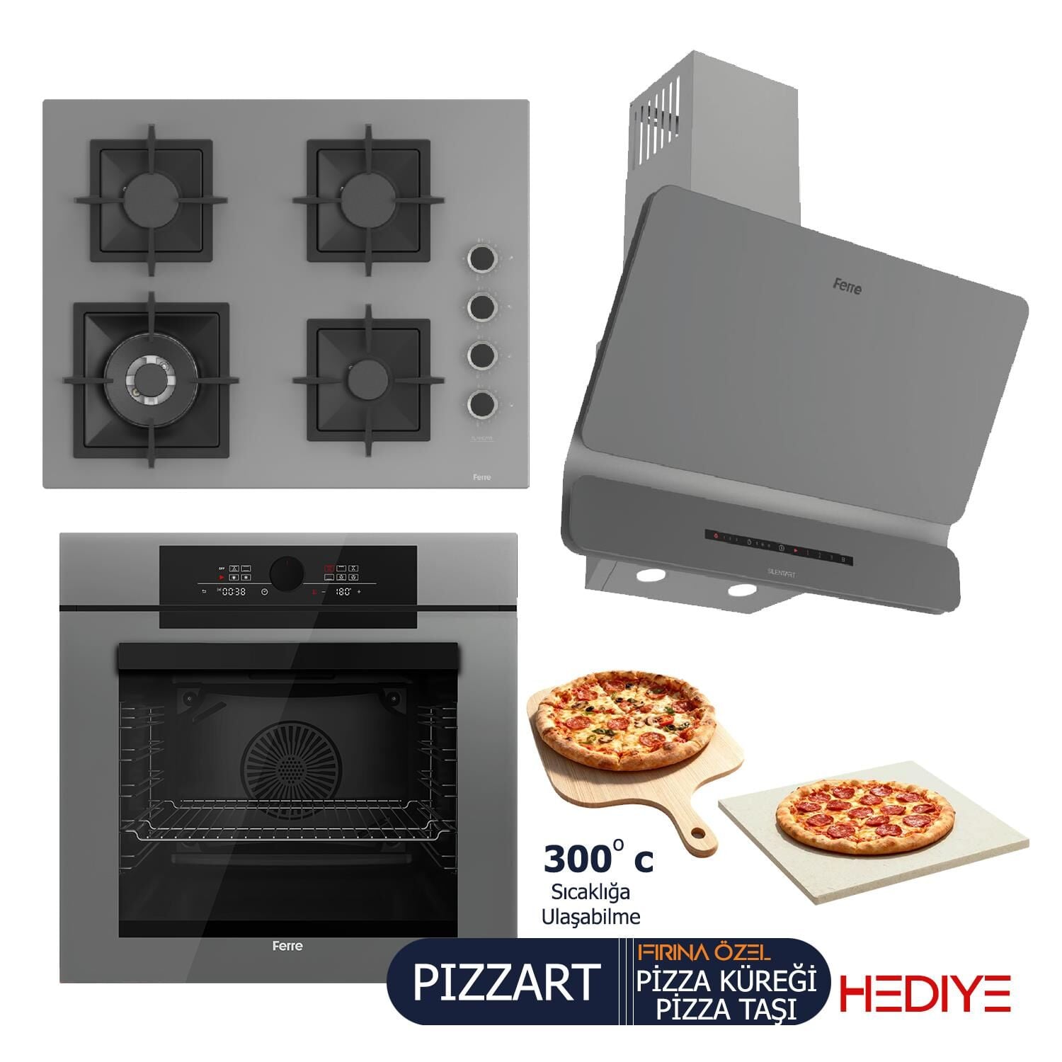 Ferre PIZZART-FRYART-SILENTART Serisi Gri Set (SC408-WFA + QEP65CPR +D082-SA ) - Döküm Izgara-65 cm