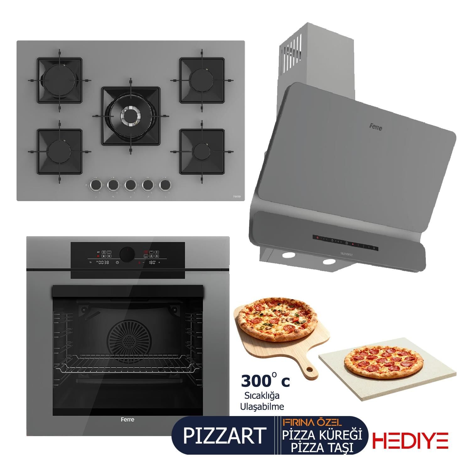 Ferre PIZZART-FRYART-SILENTART Serisi Gri Set (SS038 + QEP65CPR +D082-SA ) - Emaye Izgara-75 cm