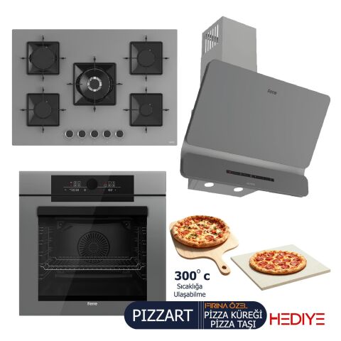 Ferre PIZZART-FRYART-SILENTART Serisi Gri Set (SS038 + QEP65CPR +D082-SA ) - Emaye Izgara-75 cm