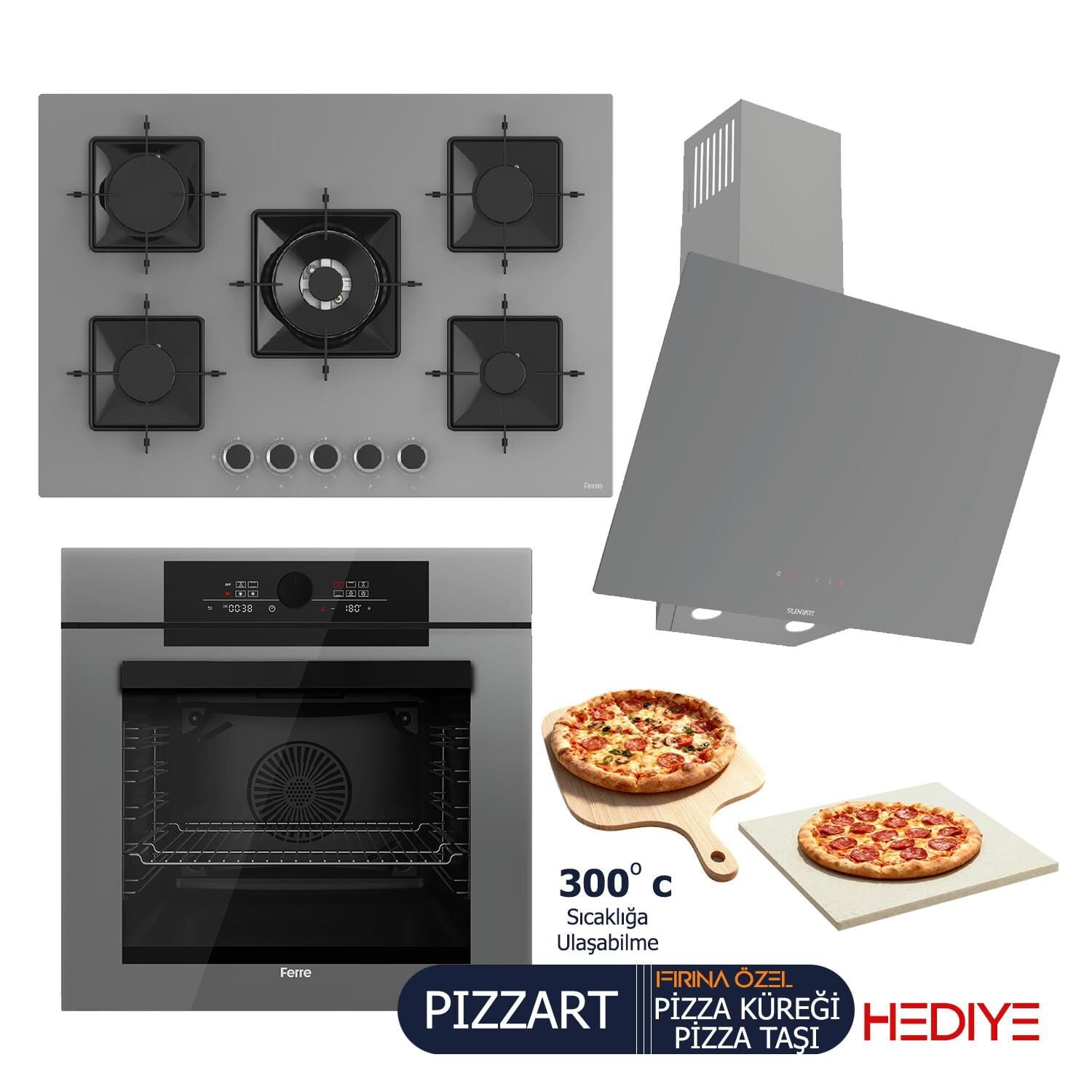 Ferre PIZZART-FRYART-SILENTART Serisi Gri Set (SS038 + QEP65CPR +D079-SA ) - Emaye Izgara-75 cm