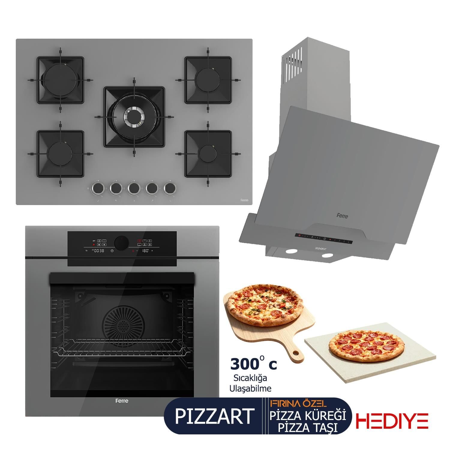 Ferre PIZZART-FRYART-SILENTART Serisi Gri Set (SS038 + QEP65CPR +D065-SA ) - Emaye Izgara-75 cm