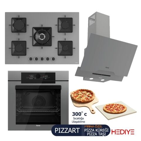 Ferre PIZZART-FRYART-SILENTART Serisi Gri Set (SS038 + QEP65CPR +D065-SA ) - Emaye Izgara-75 cm