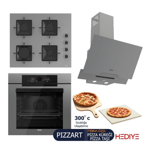 Ferre PIZZART-FRYART-SILENTART Serisi Gri Set (SS208 + QEP65CPR +D065-SA ) - Emaye Izgara / 60 cm