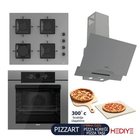 Ferre PIZZART-FRYART-SILENTART Serisi Gri Set (SS208 + QEP65CPR +D065-SA ) - Emaye Izgara / 60 cm