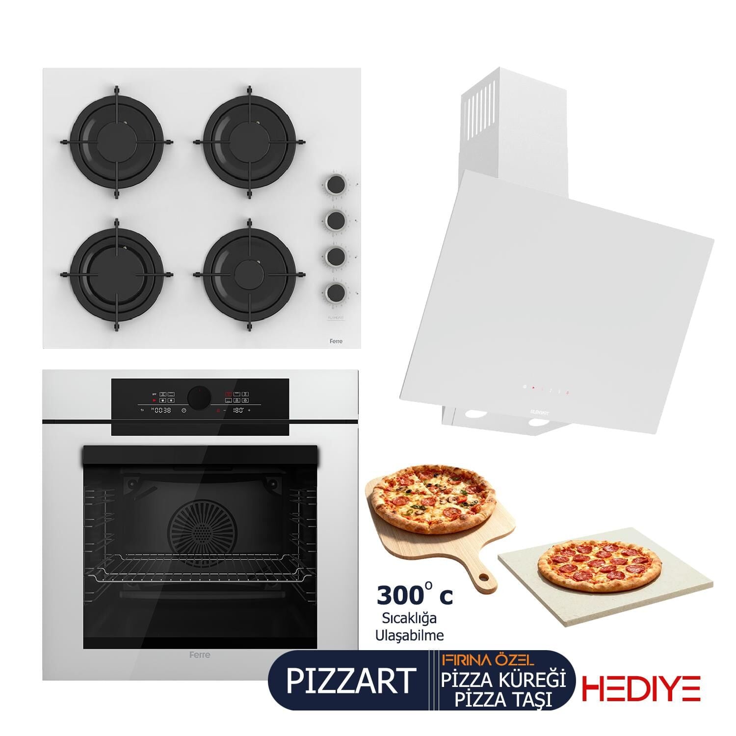 Ferre PIZZART-FRYART-SILENTART Serisi Beyaz Set (CS206-FA + QEP65CB +D078-SA ) - Emaye Izgara / Kademeli Musluk