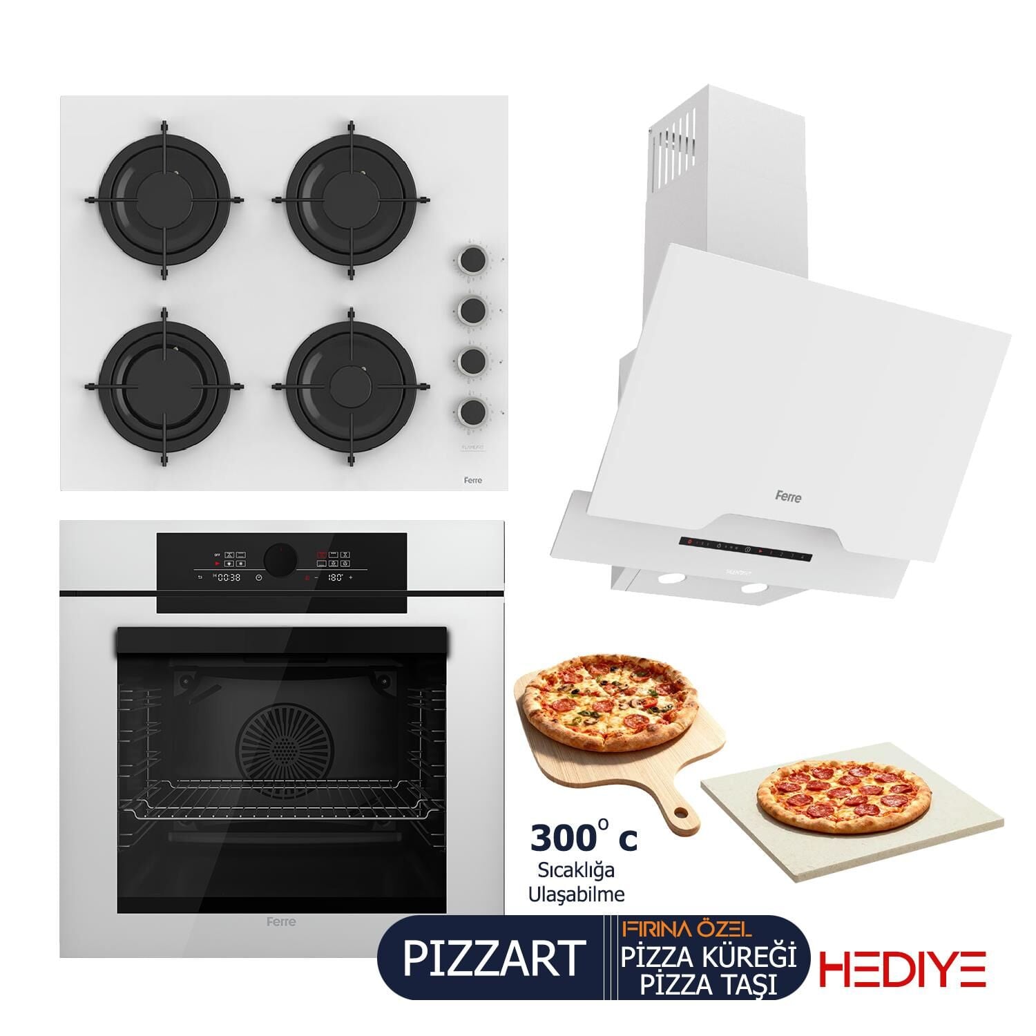 Ferre PIZZART-FRYART-SILENTART Serisi Beyaz Set (CS206-FA + QEP65CB +D064-SA ) - Emaye Izgara / Kademeli Musluk