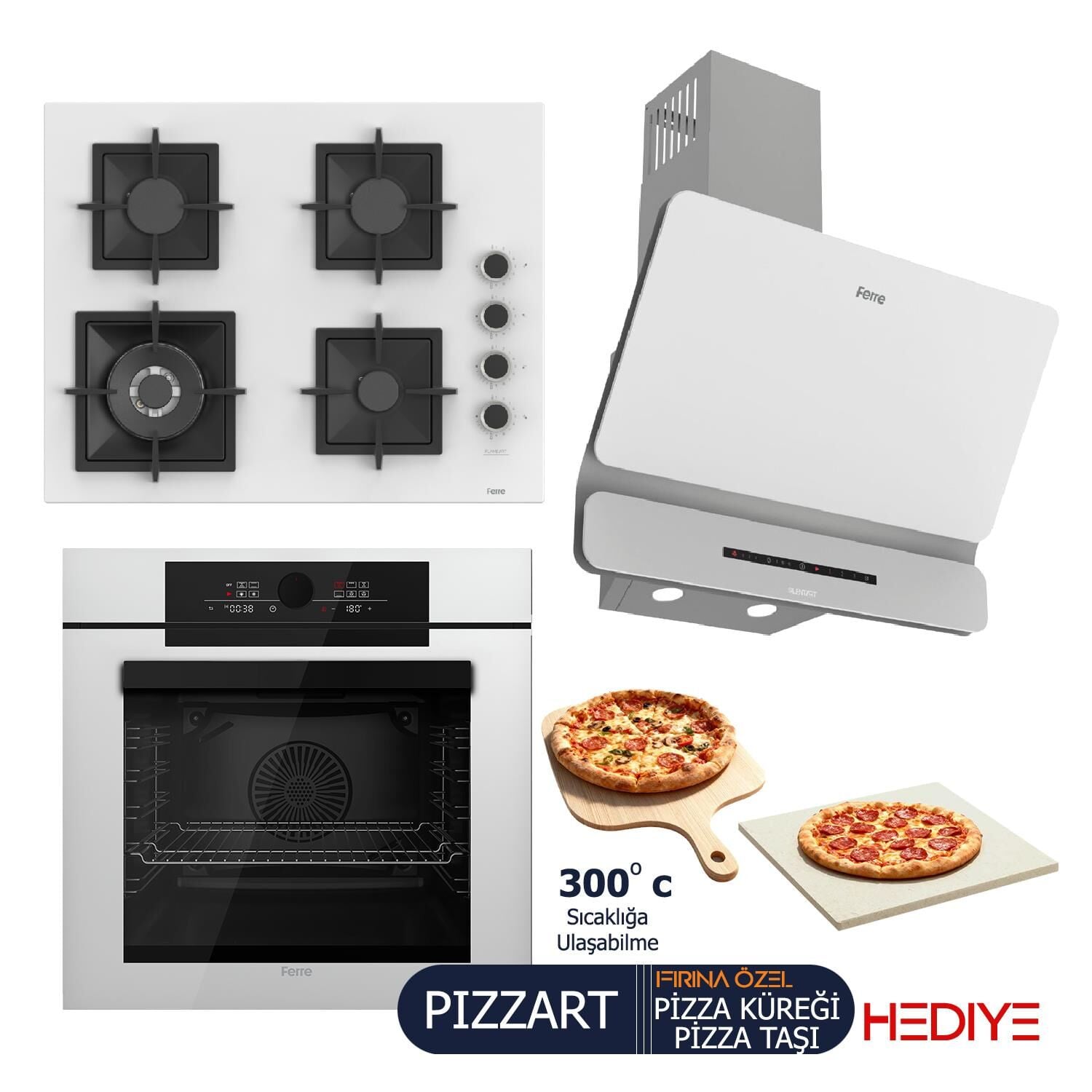 Ferre PIZZART-FRYART-SILENTART Serisi Beyaz Set (SC406-WFA + QEP65CB +D081-SA ) - Döküm Izgara-65 cm