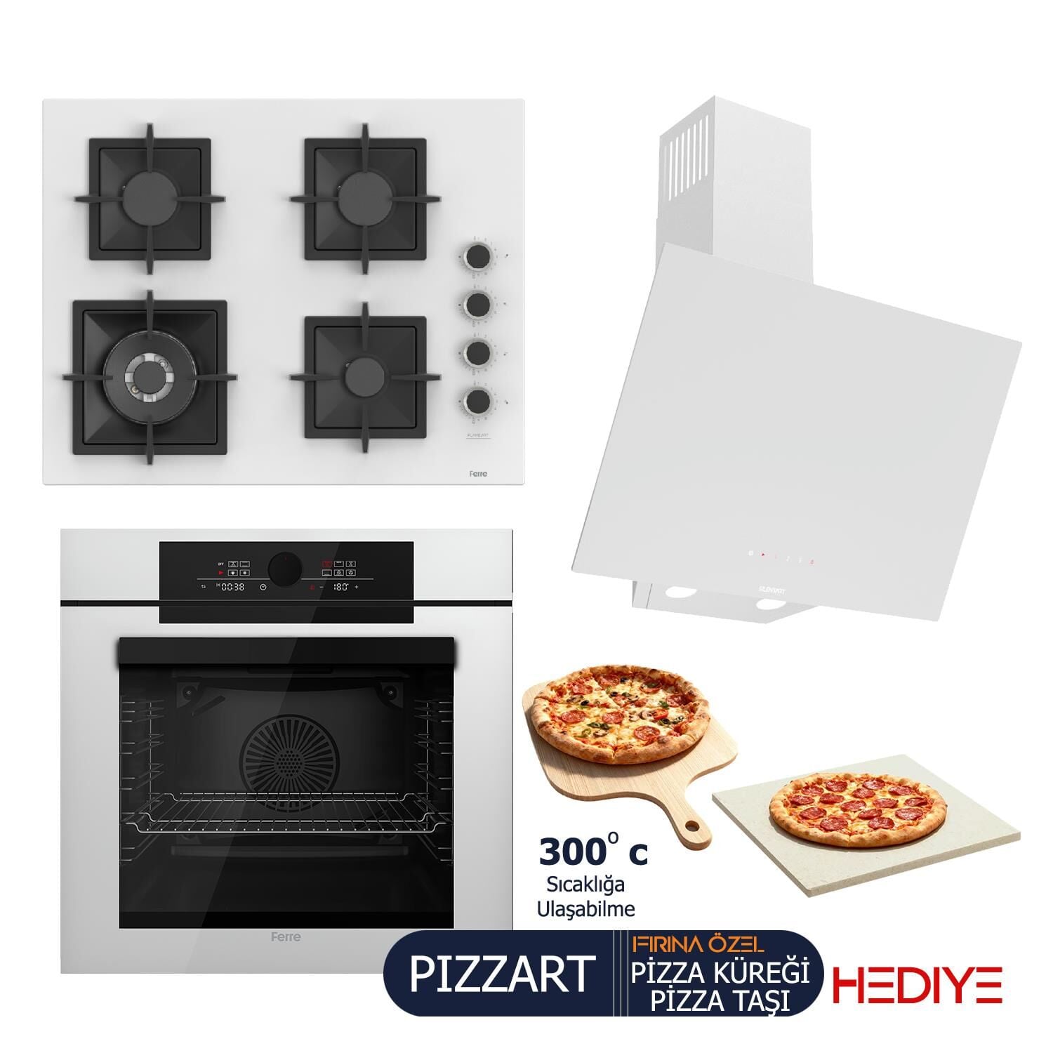 Ferre PIZZART-FRYART-SILENTART Serisi Beyaz Set (SC406-WFA + QEP65CB +D078-SA ) - Döküm Izgara-65 cm