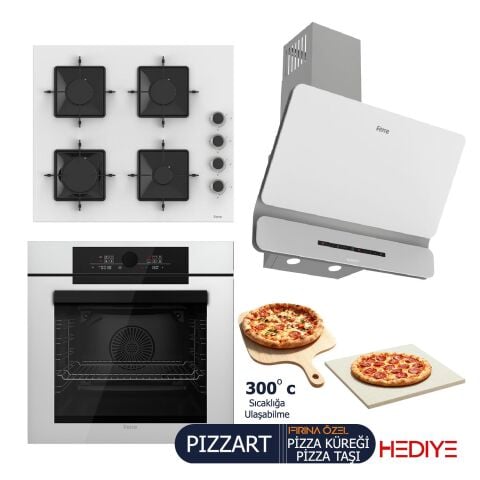 Ferre PIZZART-FRYART-SILENTART Serisi Beyaz Set (SS206 + QEP65CB +D081-SA ) - Emaye Izgara / 60 cm
