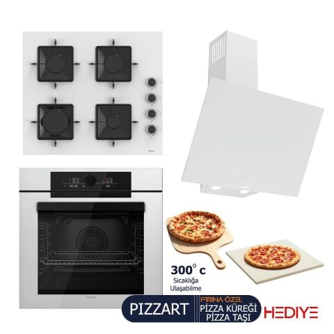 Ferre PIZZART-FRYART-SILENTART Serisi Beyaz Set (SS206 + QEP65CB +D078-SA ) - Emaye Izgara / 60 cm