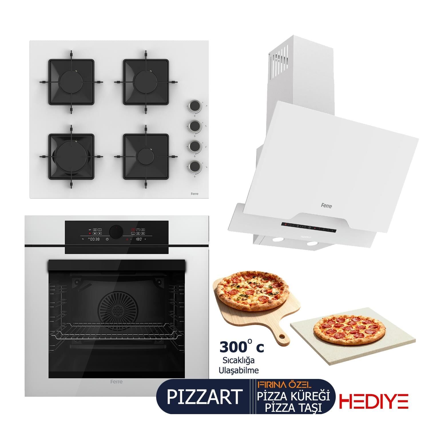 Ferre PIZZART-FRYART-SILENTART Serisi Beyaz Set (SS206 + QEP65CB +D064-SA ) - Emaye Izgara / 60 cm
