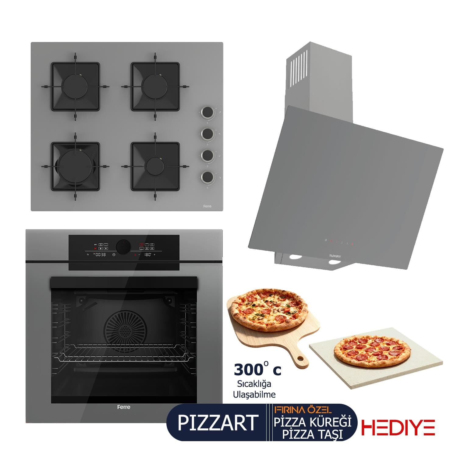 Ferre PIZZART-FRYART-SILENTART Serisi Gri Set (SS208 + QEP65CPR +D079-SA ) - Emaye Izgara / 60 cm